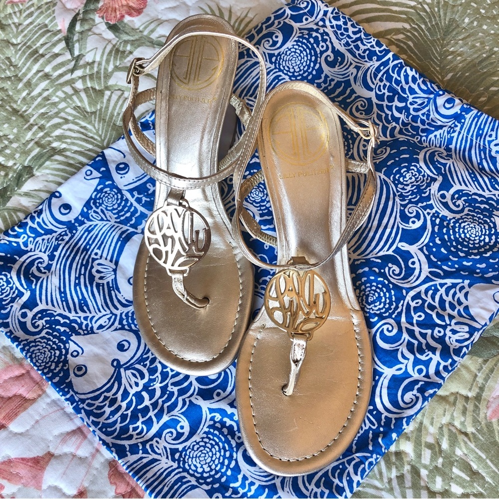 Lilly Pulitzer Wedge Sandals Gold Metallic Size 6 Style # 78322 EUC